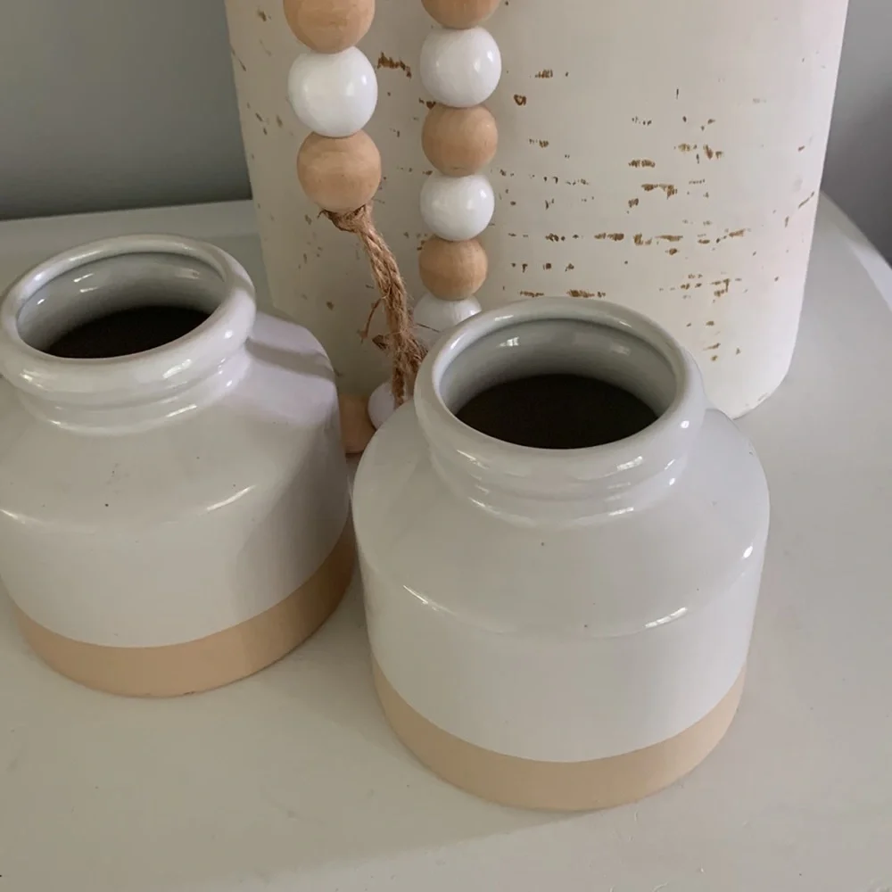 Two note glazed set of two vases ceramic pots Neutral home‎ decor white beige